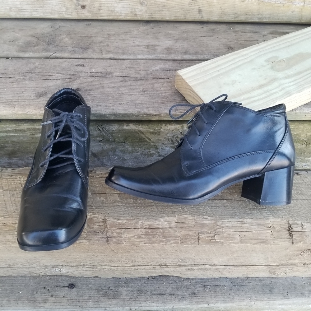 Vintage 90s‎ y2k Bratz Lace Up Square Toe Chunky Heel Black Ankle Boots Booties